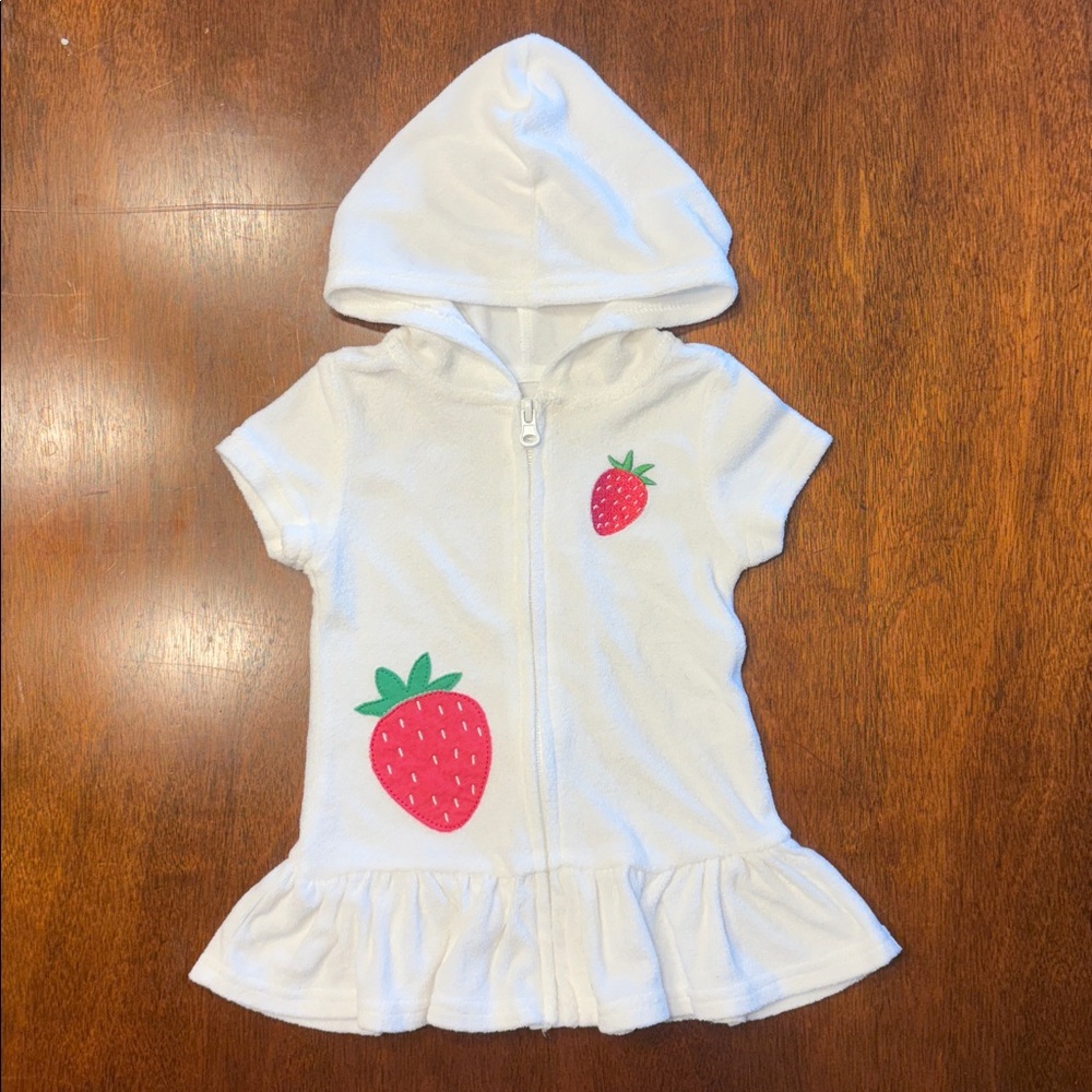 12 Month Girl White Hooded Swimsuit Cover Up, Strawberries